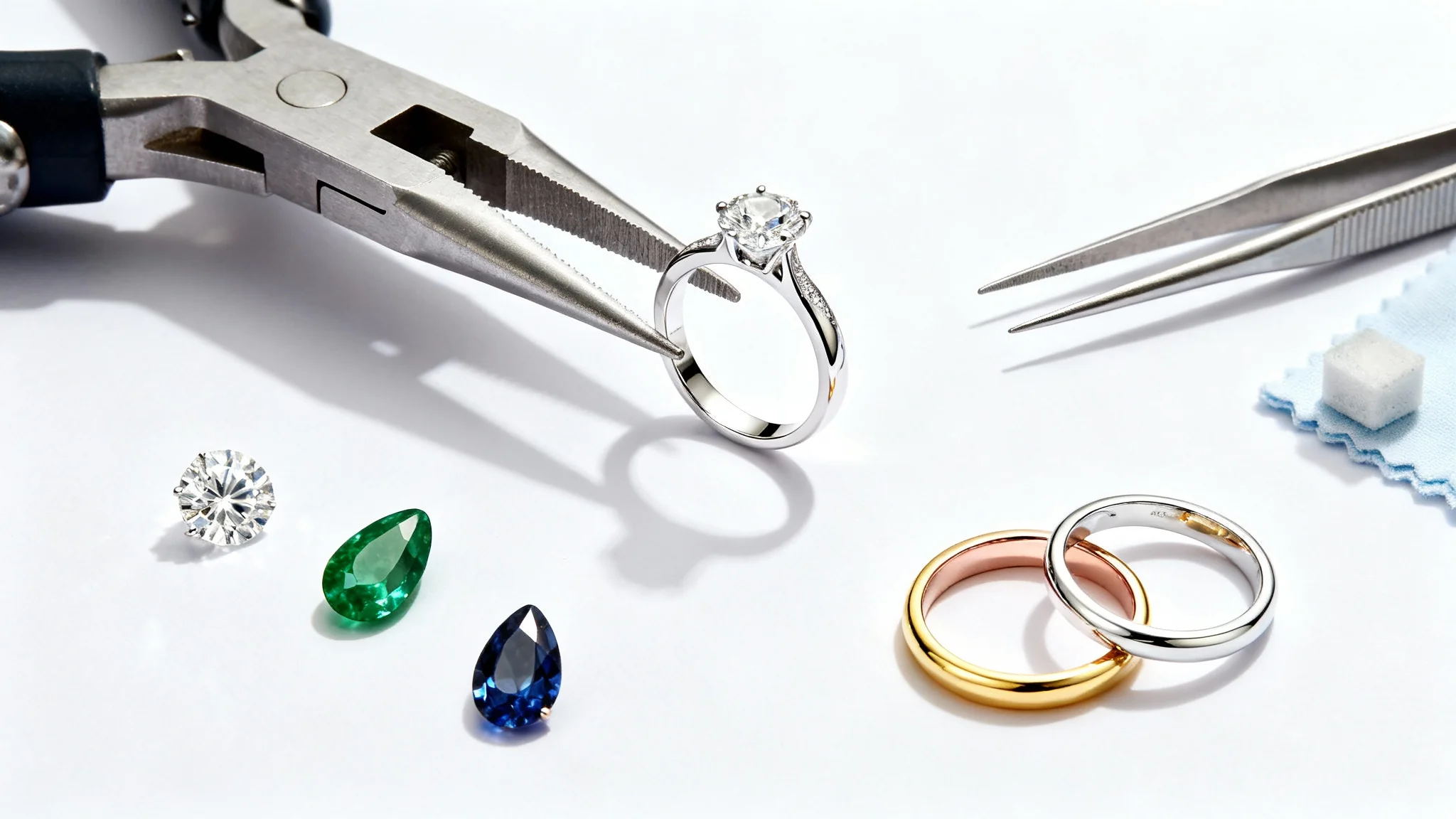 A top-down view of a jeweler's workbench showing the components to design a custom ring, including a central platinum setting, loose diamonds and sapphires, and bands in yellow, rose, and white gold.