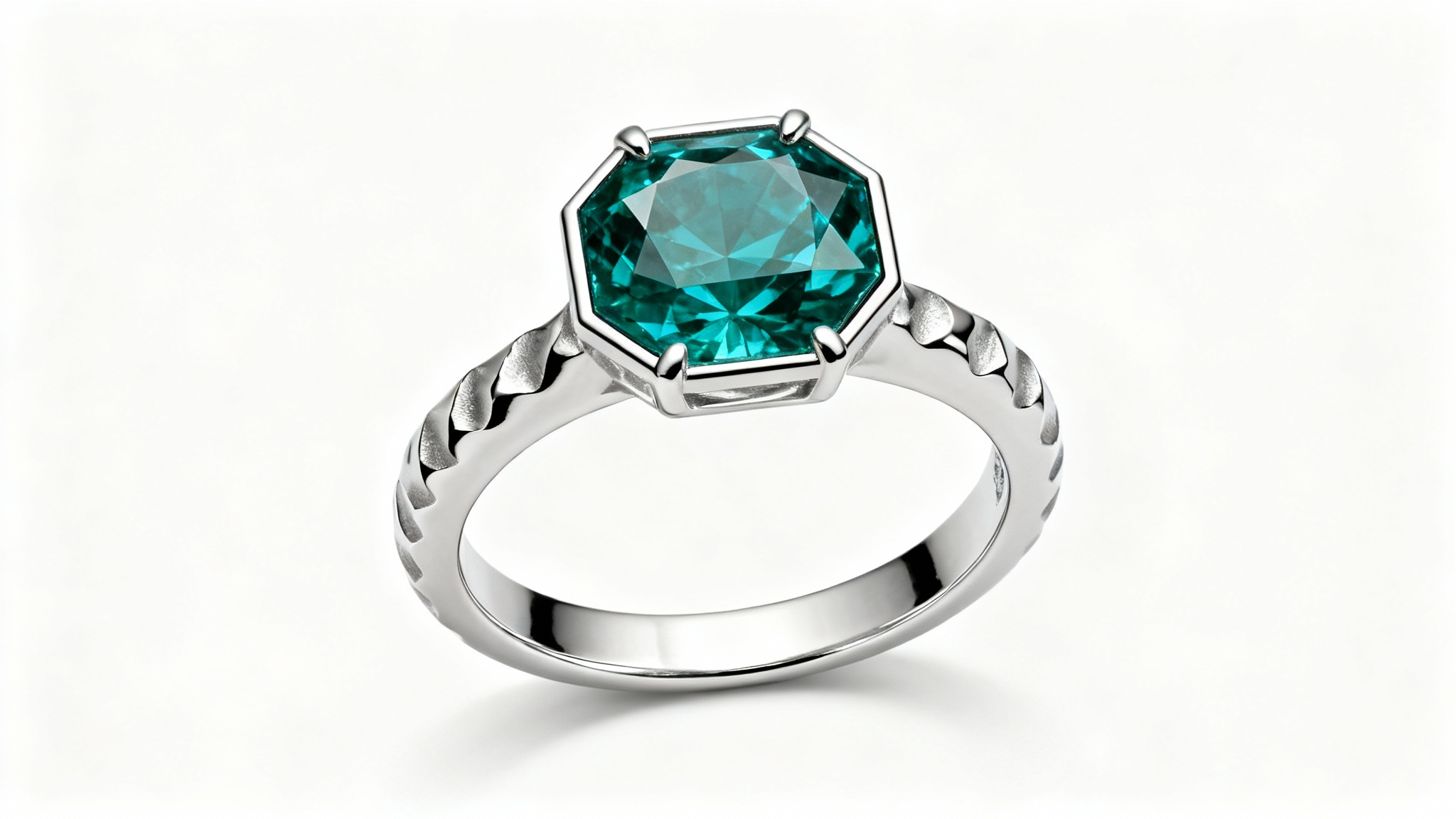 A hyper-realistic photo of a custom-designed engagement ring with a hexagon-cut teal sapphire and a hammered platinum band, displayed on a clean white background.