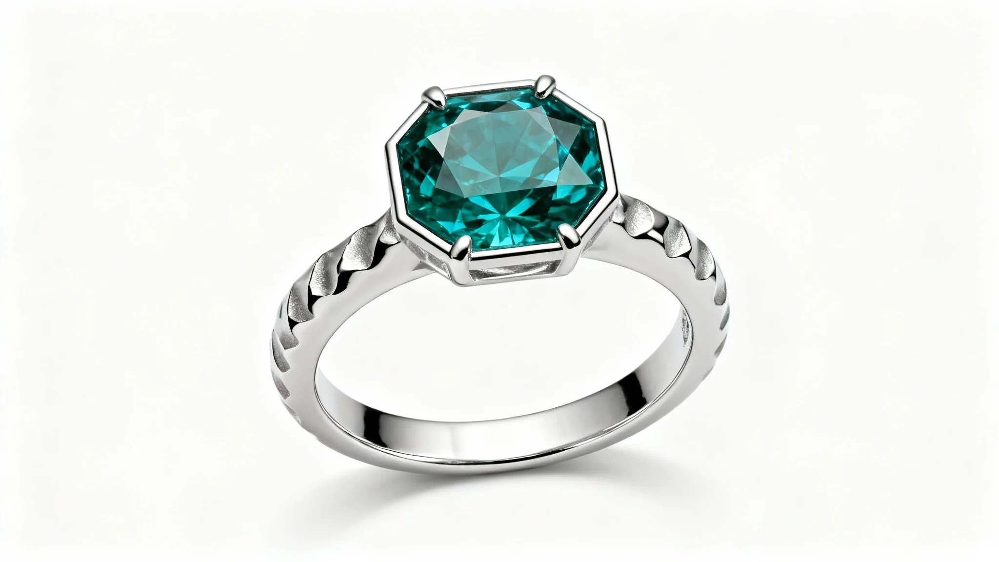 A hyper-realistic photo of a custom-designed engagement ring with a hexagon-cut teal sapphire and a hammered platinum band, displayed on a clean white background.