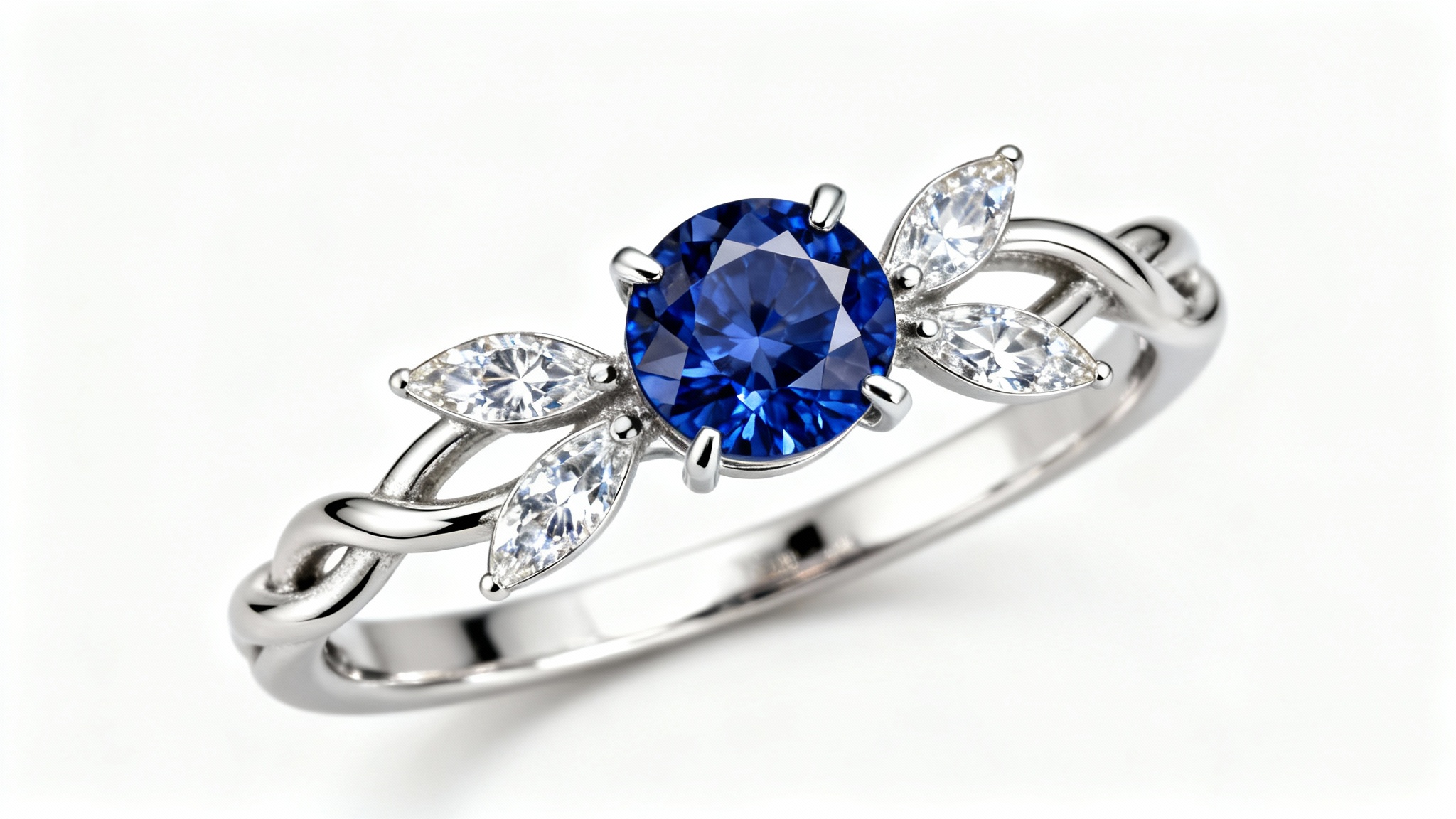 A photorealistic macro shot of a custom-designed platinum ring with a band shaped like a twisting branch, featuring a central blue sapphire and two marquise-cut diamond accents, set against a plain white background.
