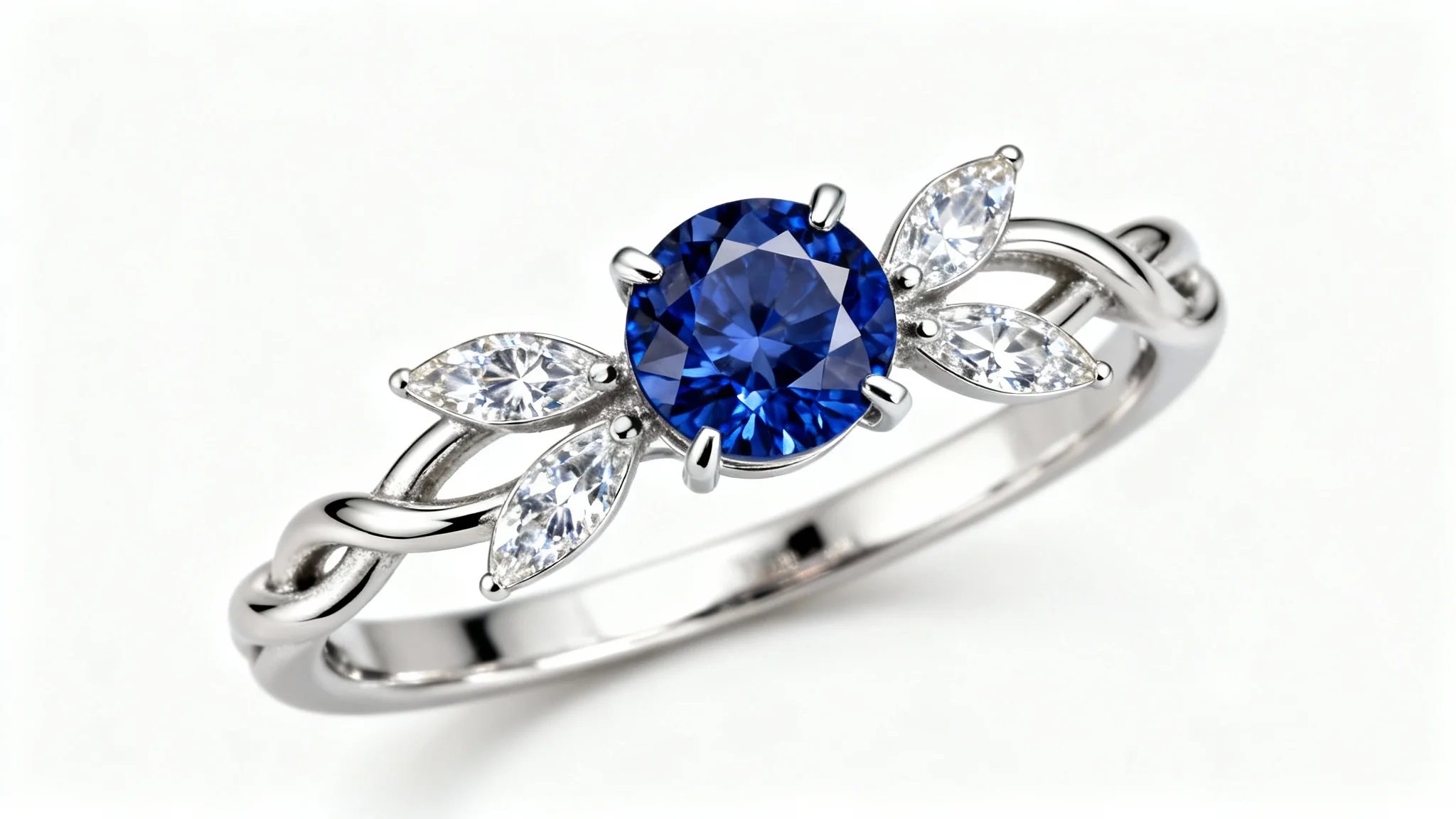 A photorealistic macro shot of a custom-designed platinum ring with a band shaped like a twisting branch, featuring a central blue sapphire and two marquise-cut diamond accents, set against a plain white background.