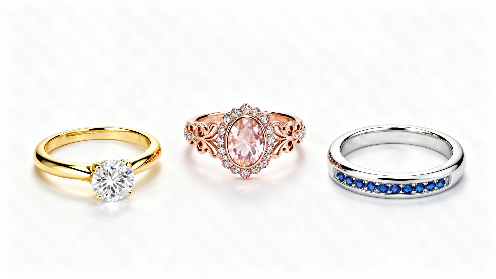 Three beautifully crafted custom rings, one with a diamond, one with a morganite, and one with sapphires, displayed on a clean white background.