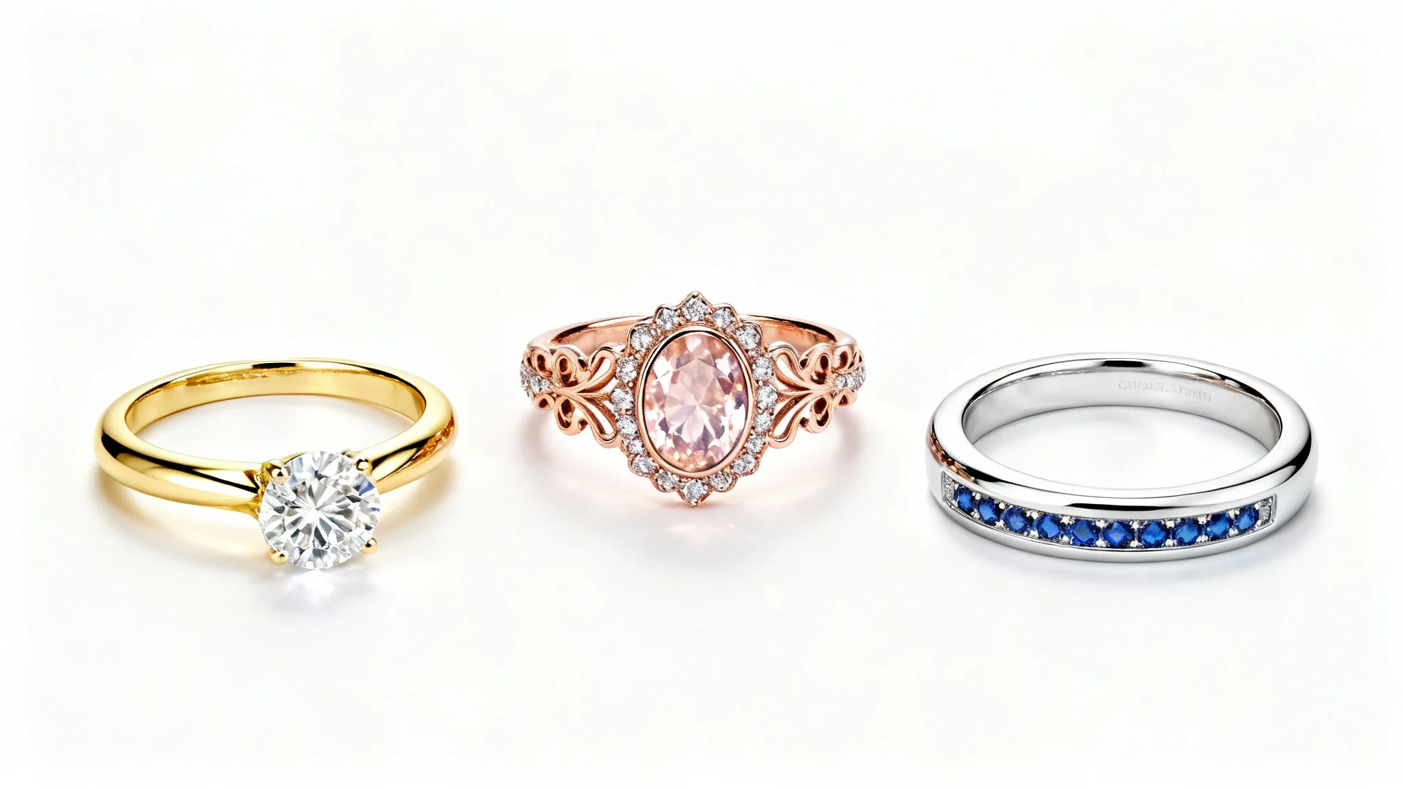 Three beautifully crafted custom rings, one with a diamond, one with a morganite, and one with sapphires, displayed on a clean white background.
