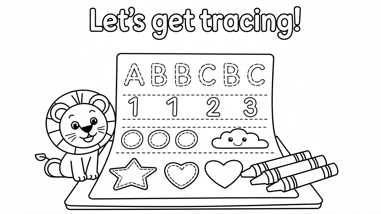 A printable tracing worksheet for children laid flat on a clean surface. The worksheet shows dotted lines for tracing letters, numbers, and shapes, with a few colorful crayons placed next to it.