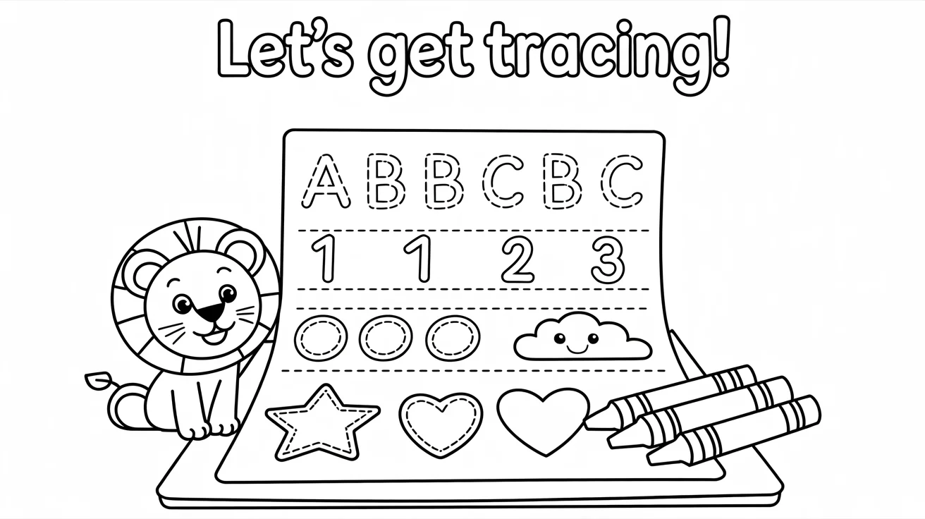 A printable tracing worksheet for children laid flat on a clean surface. The worksheet shows dotted lines for tracing letters, numbers, and shapes, with a few colorful crayons placed next to it.