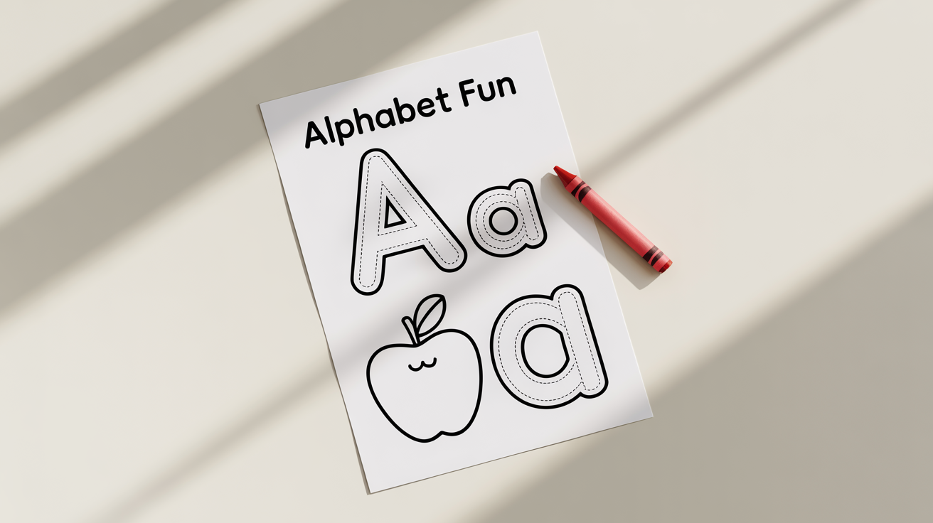 A flat lay image of a children's tracing worksheet on a white background. The worksheet shows the letter 'A' and an apple in dotted lines for tracing, with a red crayon beside it.