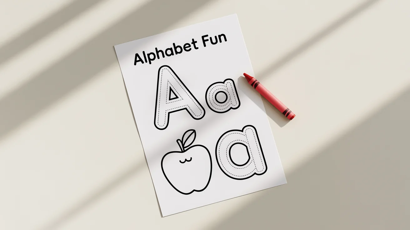 A flat lay image of a children's tracing worksheet on a white background. The worksheet shows the letter 'A' and an apple in dotted lines for tracing, with a red crayon beside it.