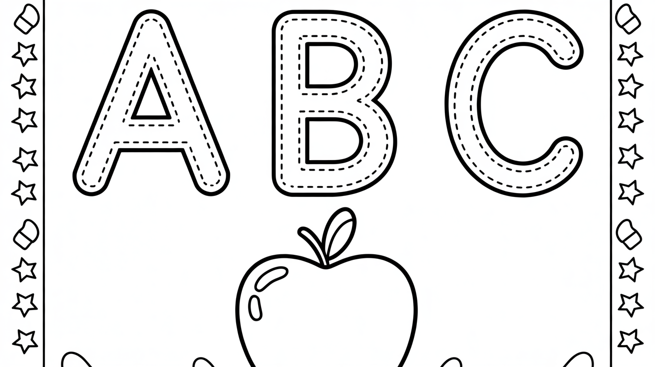 A flat lay image of a children's tracing worksheet on a white background. The worksheet shows dotted lines for the letters A, B, and C, and a simple apple outline for tracing. A red crayon rests beside the paper.