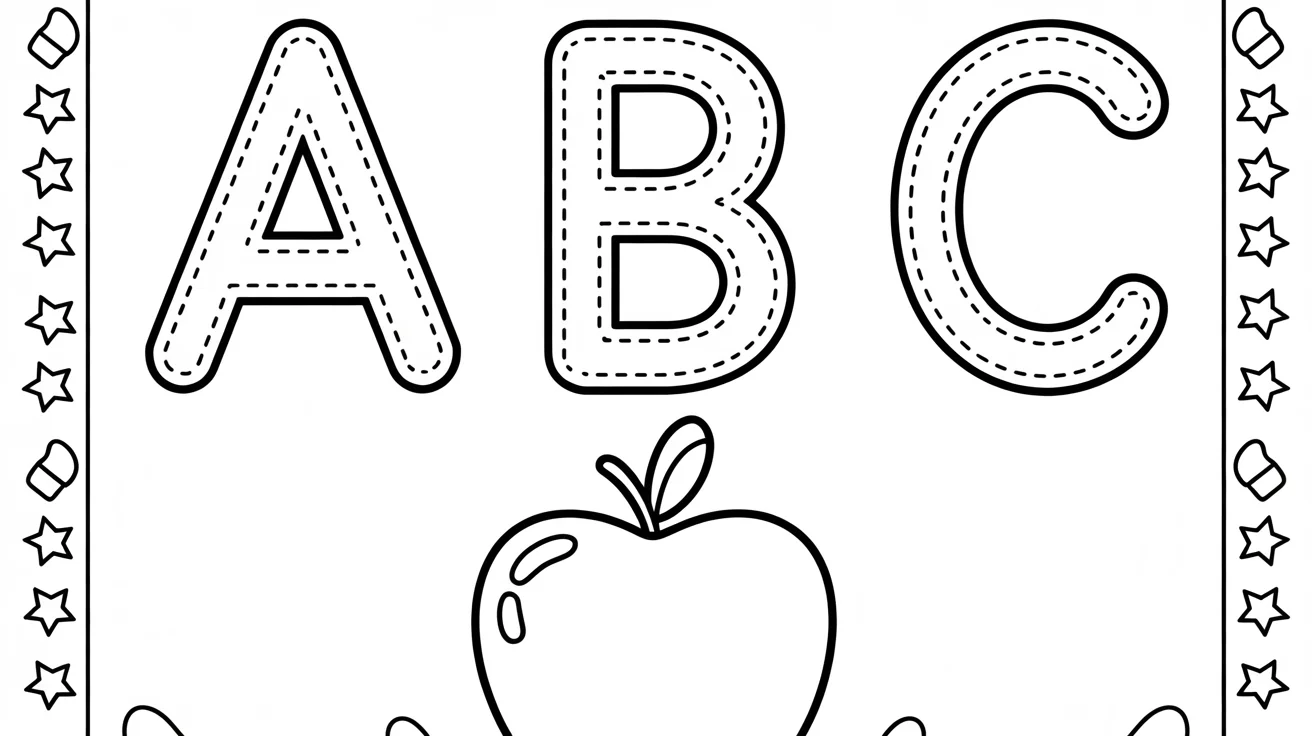 A flat lay image of a children's tracing worksheet on a white background. The worksheet shows dotted lines for the letters A, B, and C, and a simple apple outline for tracing. A red crayon rests beside the paper.