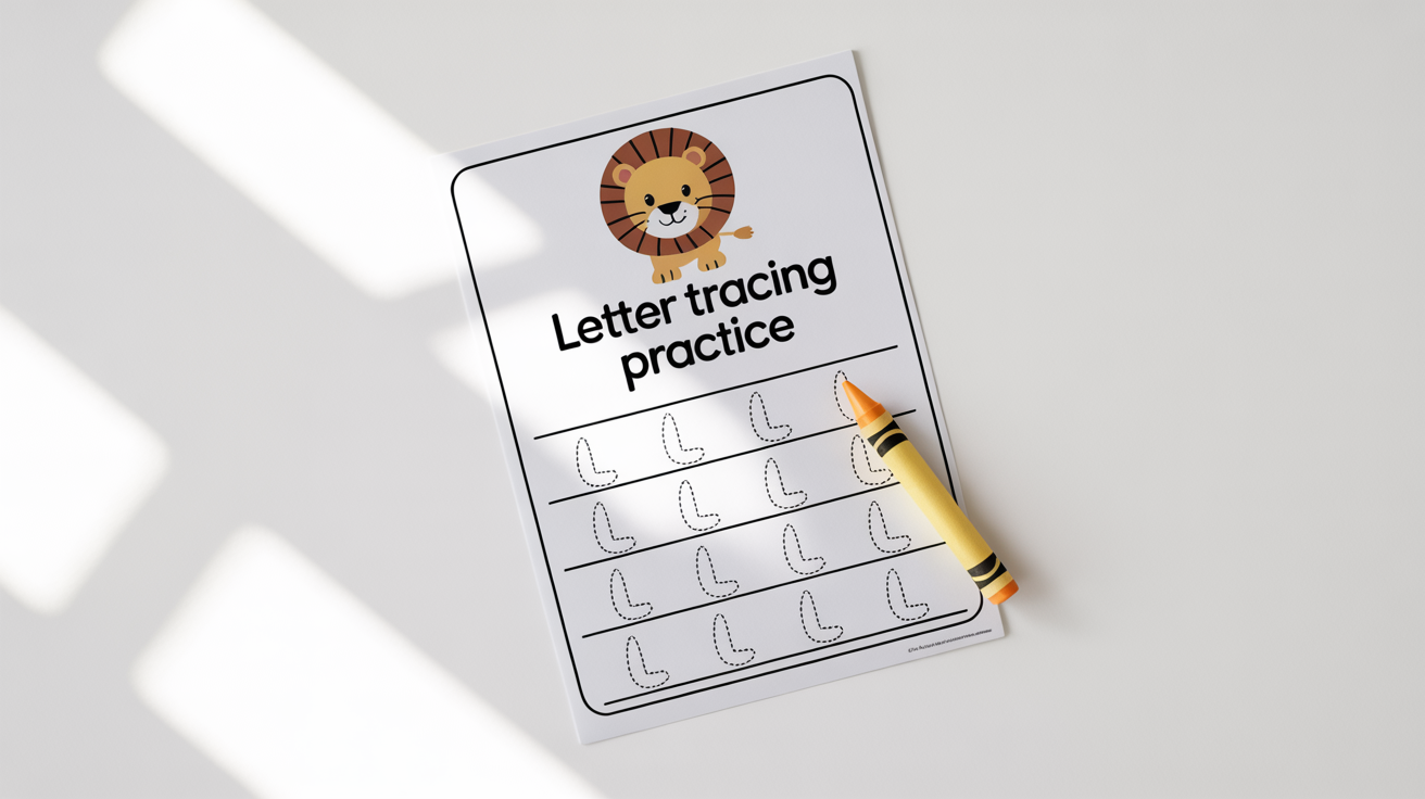 A flat lay mockup of a children's tracing worksheet for the letter 'L', featuring a cartoon lion and a yellow crayon on a white background.