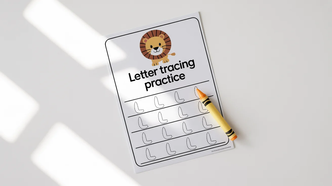 A flat lay mockup of a children's tracing worksheet for the letter 'L', featuring a cartoon lion and a yellow crayon on a white background.
