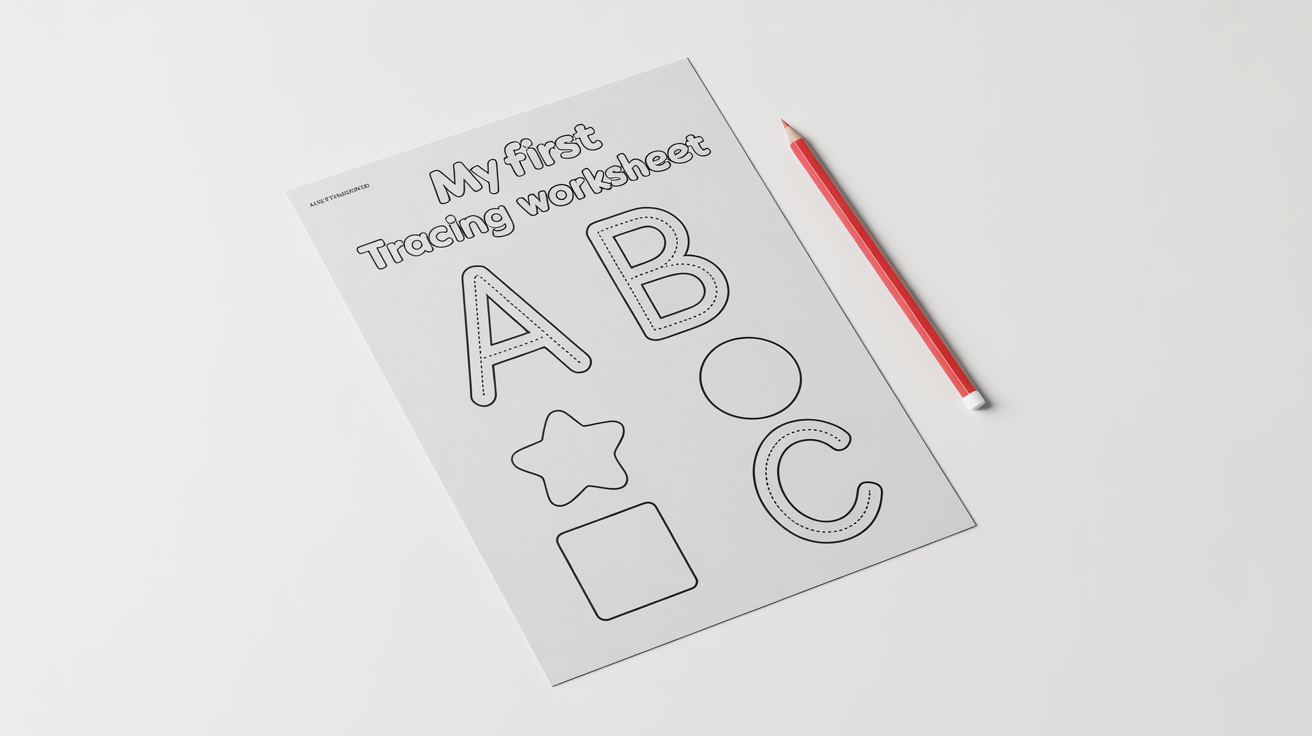 A top-down view of a child's tracing worksheet featuring the letters 'A', 'B', 'C' and various shapes in dotted lines, with a red pencil resting beside it on a white background.