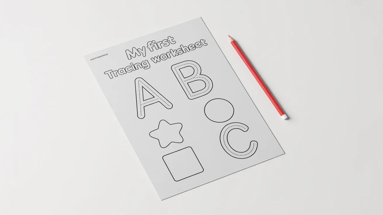 A top-down view of a child's tracing worksheet featuring the letters 'A', 'B', 'C' and various shapes in dotted lines, with a red pencil resting beside it on a white background.