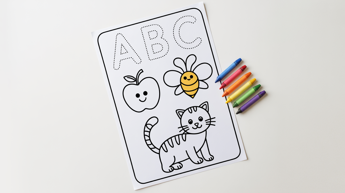A children's tracing worksheet featuring the letters A, B, and C and corresponding drawings of an apple, bee, and cat, with colored crayons lying next to it on a white surface.