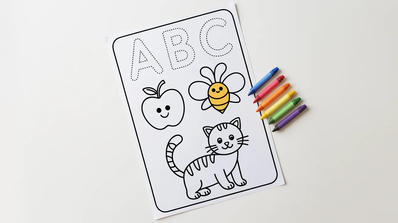 A children's tracing worksheet featuring the letters A, B, and C and corresponding drawings of an apple, bee, and cat, with colored crayons lying next to it on a white surface.