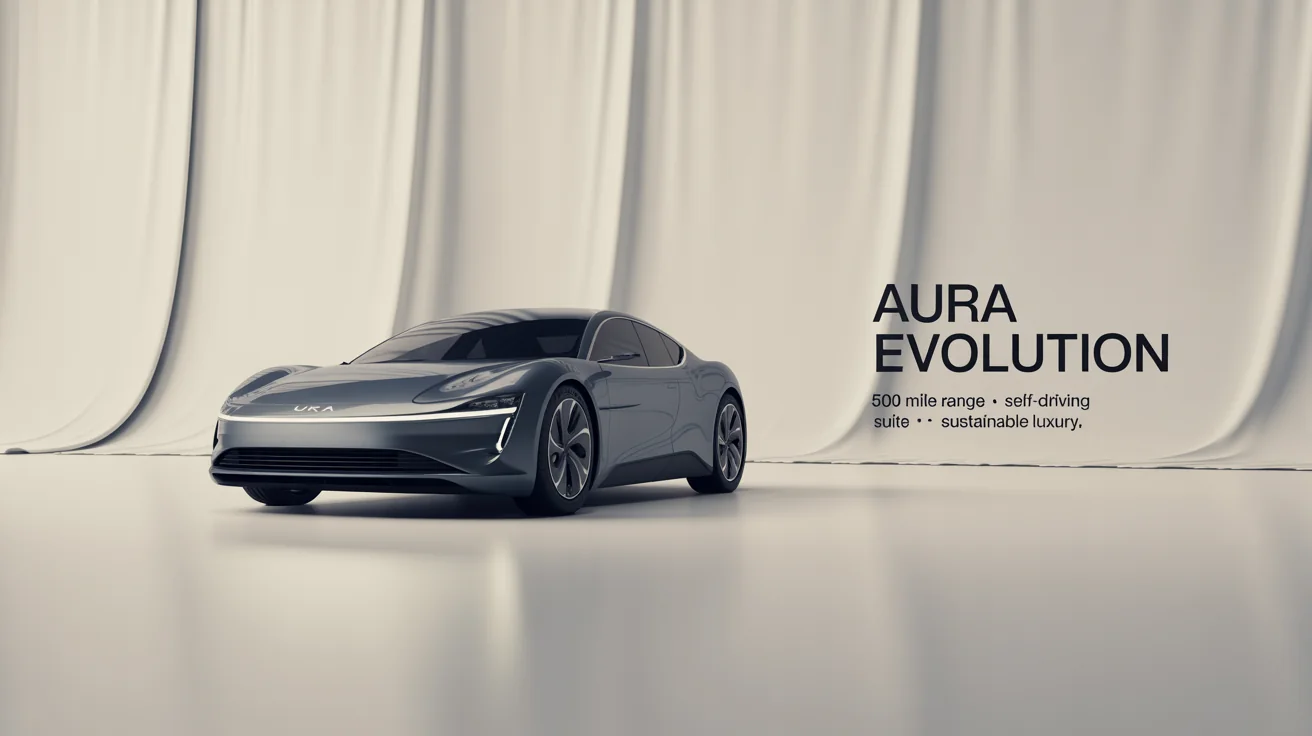 A professional hero image showing the final result of a car advertisement design, featuring a luxury electric sports car on a white background with the text 'AURA EVOLUTION'.
