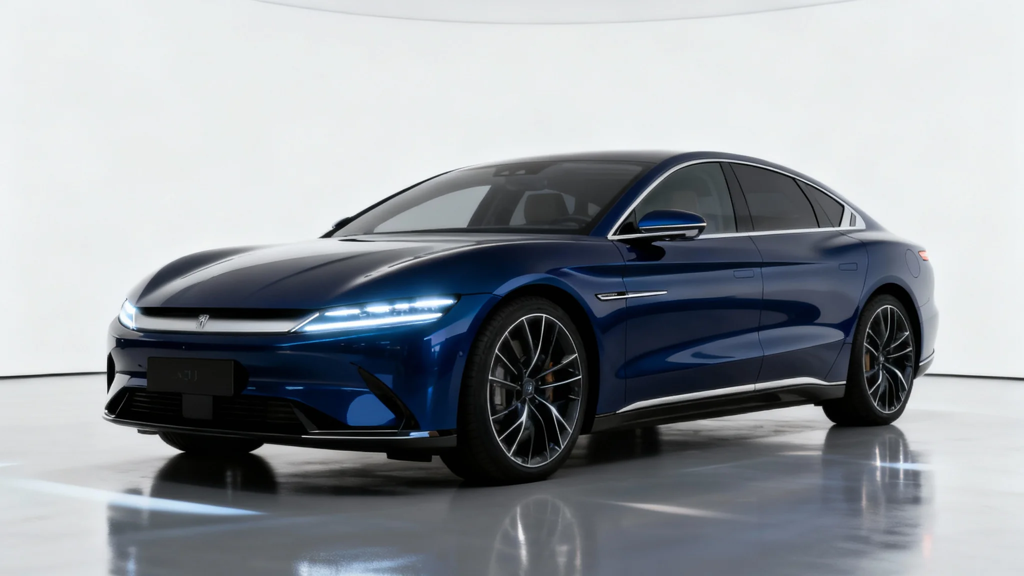 A photorealistic mockup of a modern, sapphire blue electric concept car in a white studio, highlighting its sleek design and luxury features.