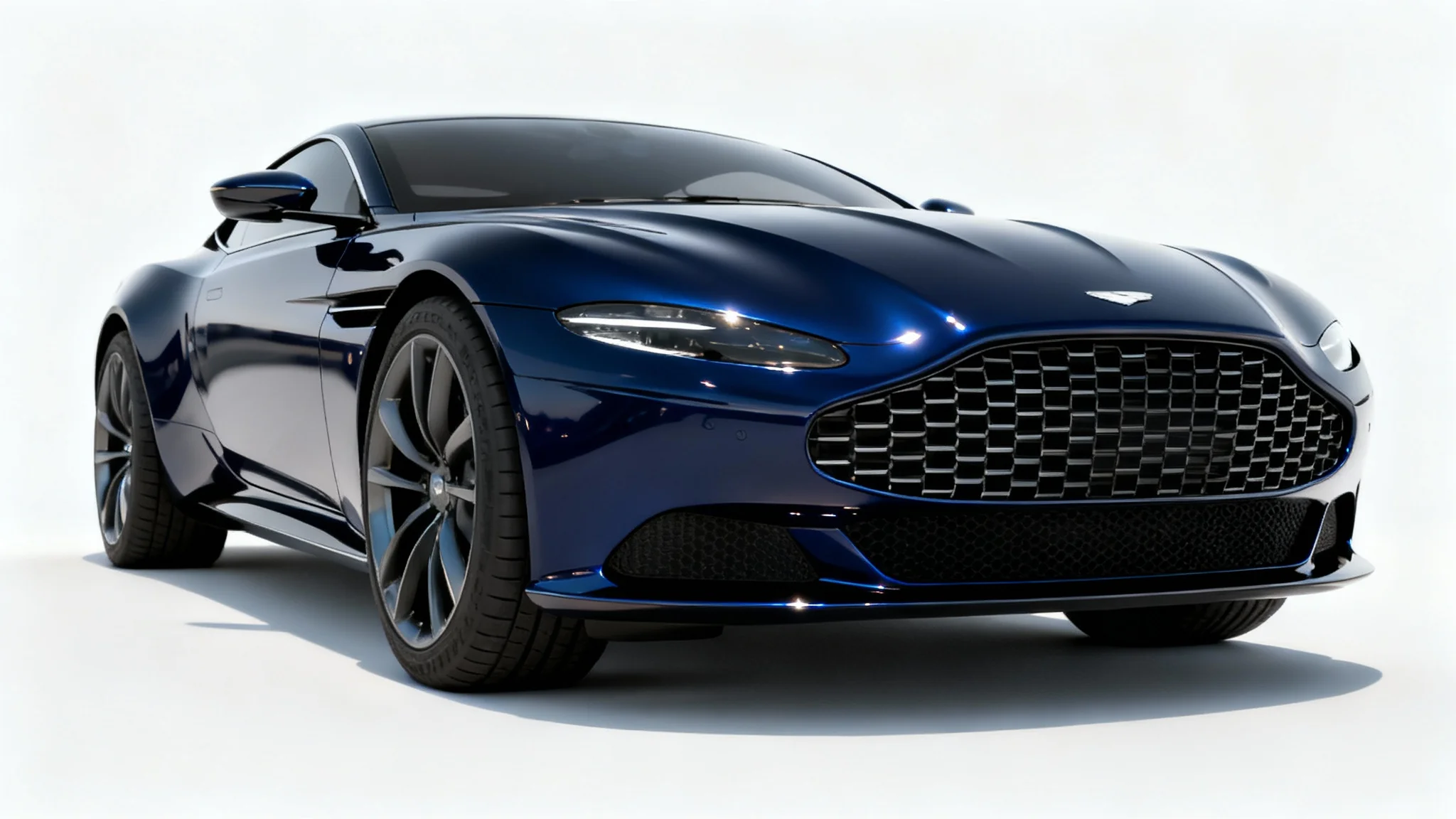 A photorealistic image of a sleek, midnight blue luxury electric car shot at a low angle in a minimalist white studio, highlighting its modern design.