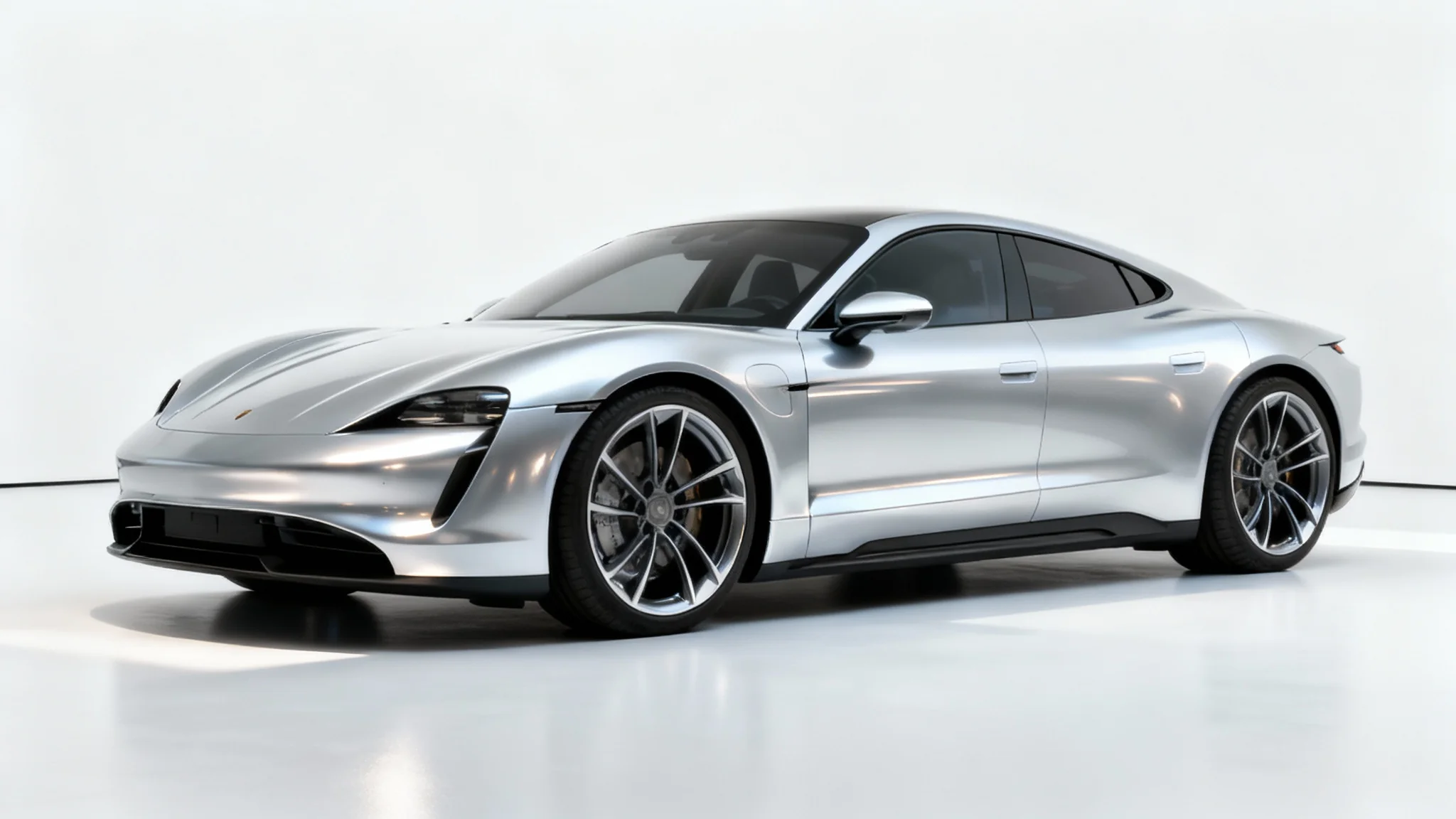 A photorealistic image of a silver electric sports car with a sleek design, parked in a bright white studio.