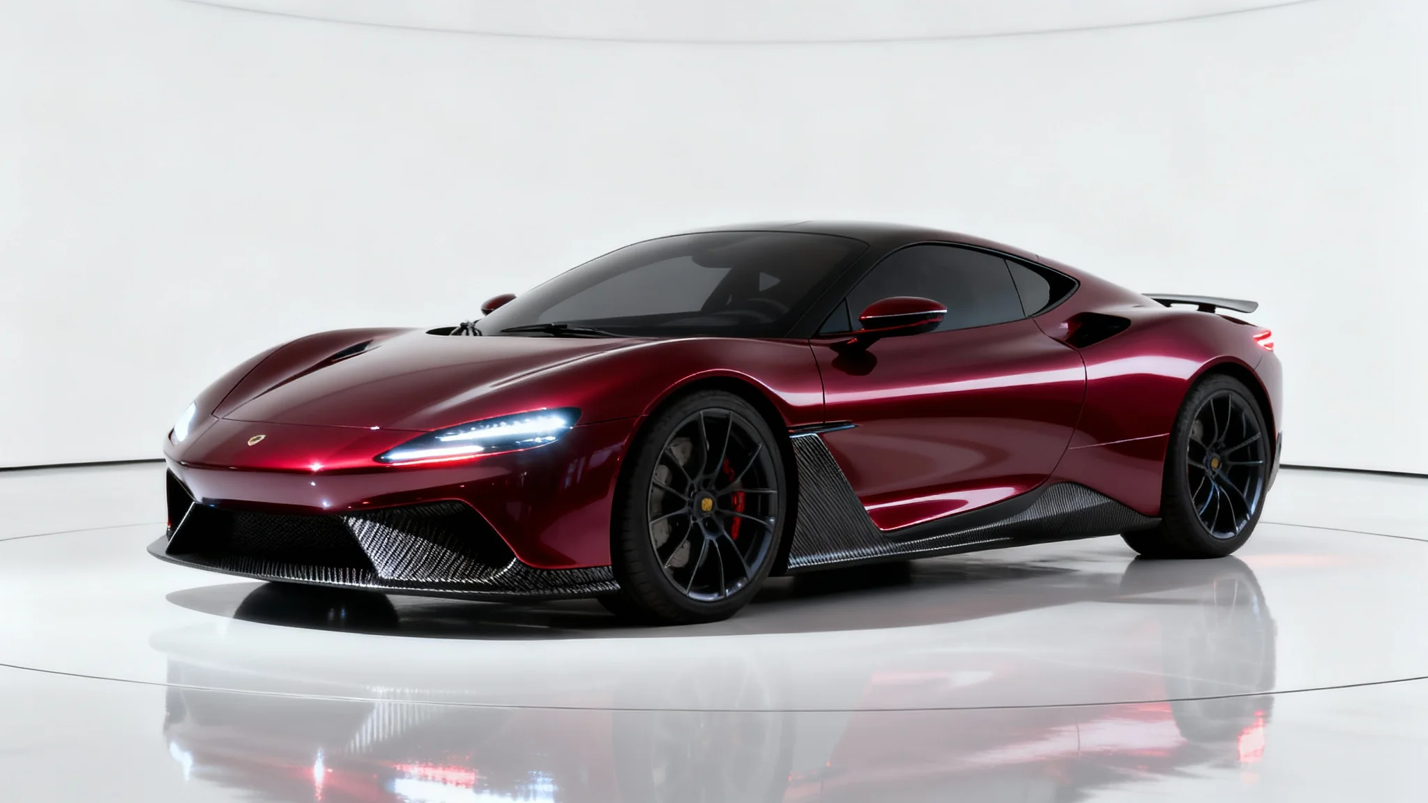 A photorealistic image of a modern, cherry red concept sports car in a minimalist studio with a pure white background, showcasing its sleek design and luxurious finish.