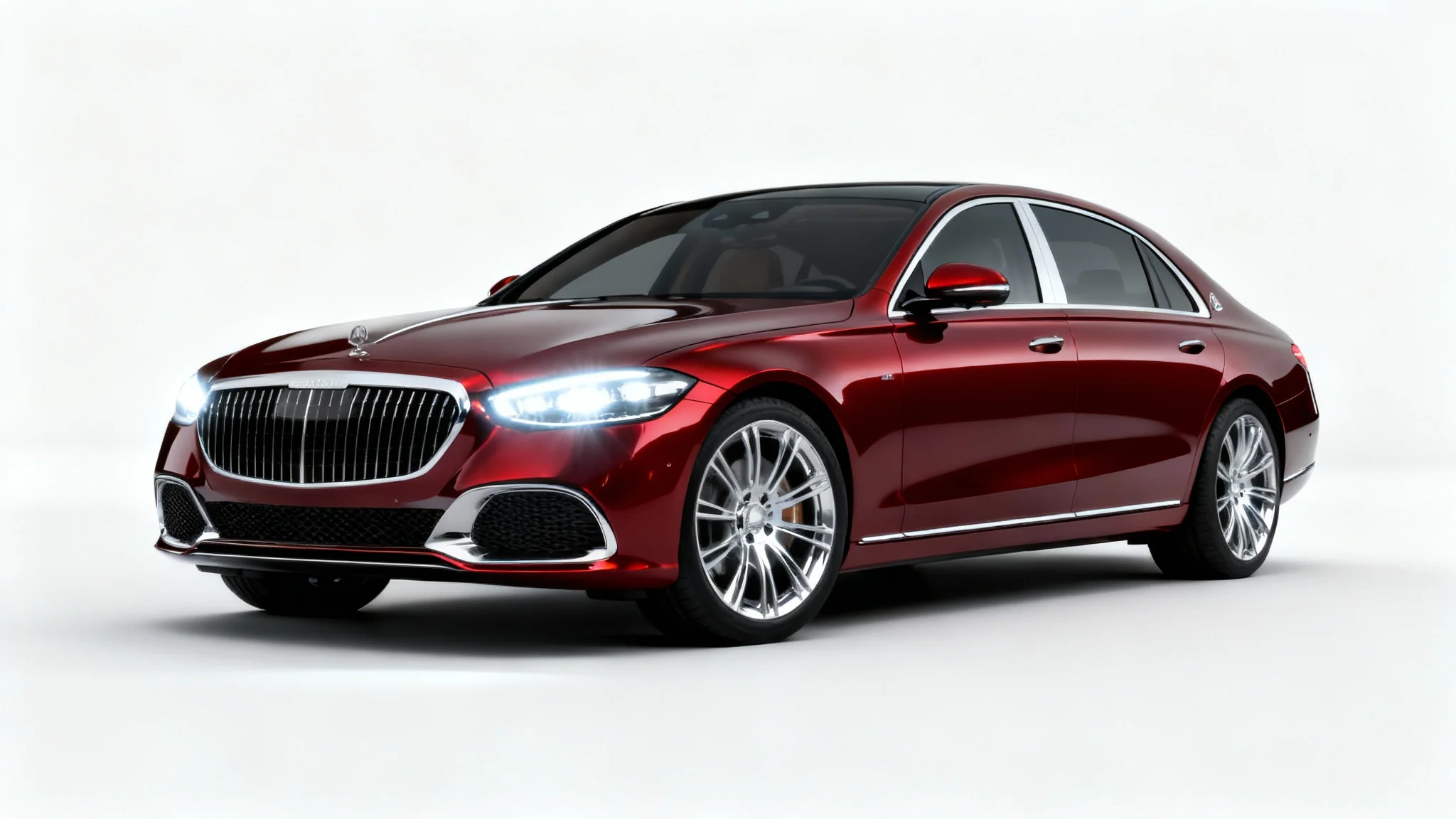 A photorealistic mockup of a modern, metallic red luxury sedan positioned on a clean white background, captured in a professional studio style.