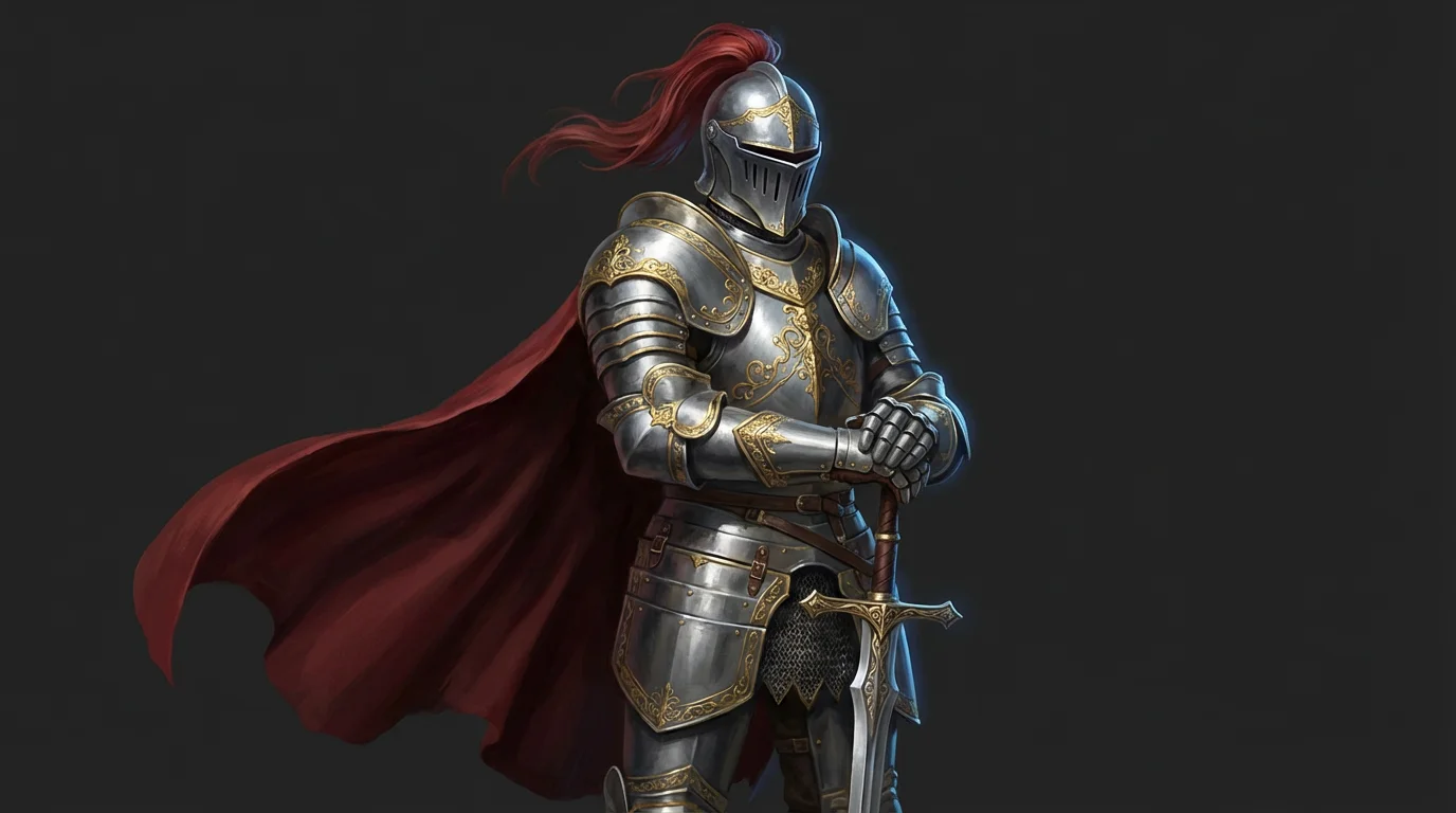 A photorealistic digital painting of a knight in full steel armor with gold details and a red cape, holding a sword against a dark gray background.