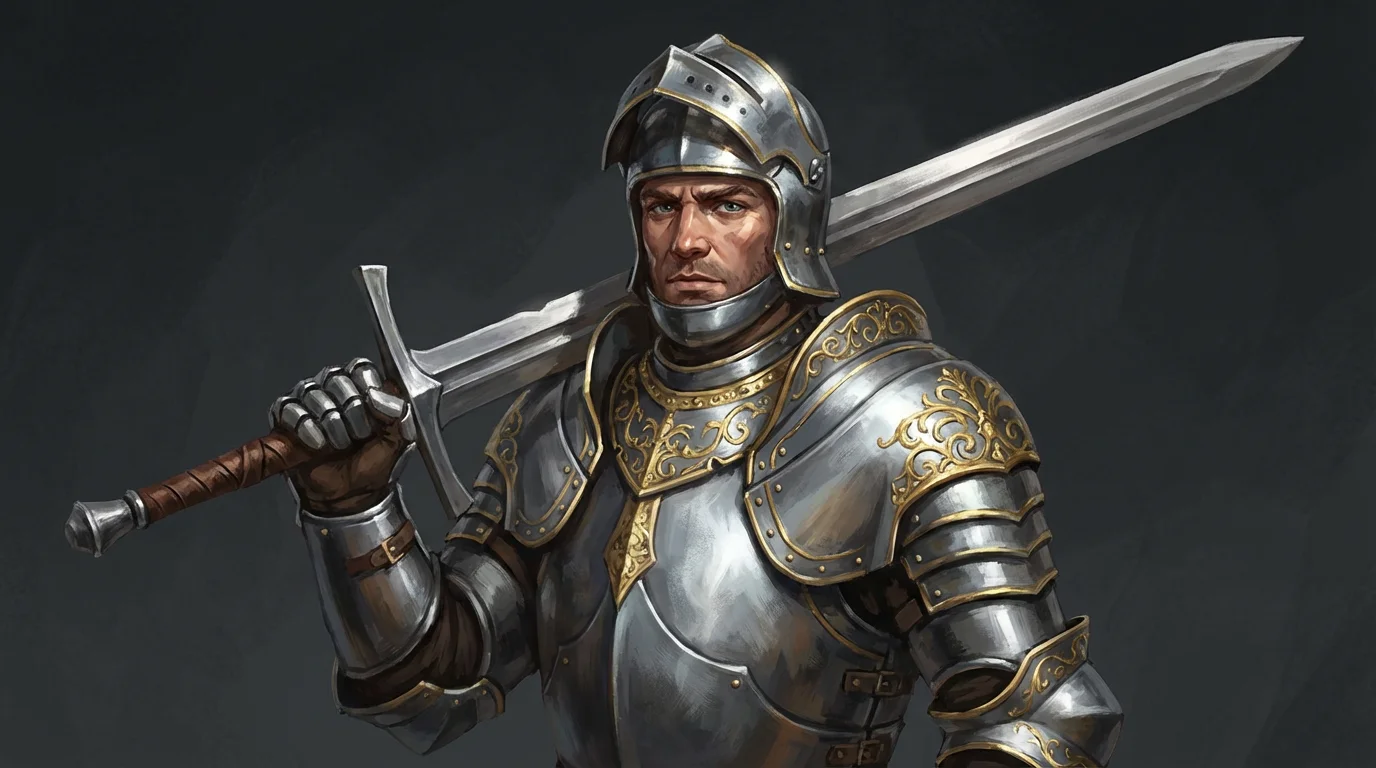 A digital painting of a knight in ornate steel and gold armor, holding a greatsword over his shoulder against a dark gray background.