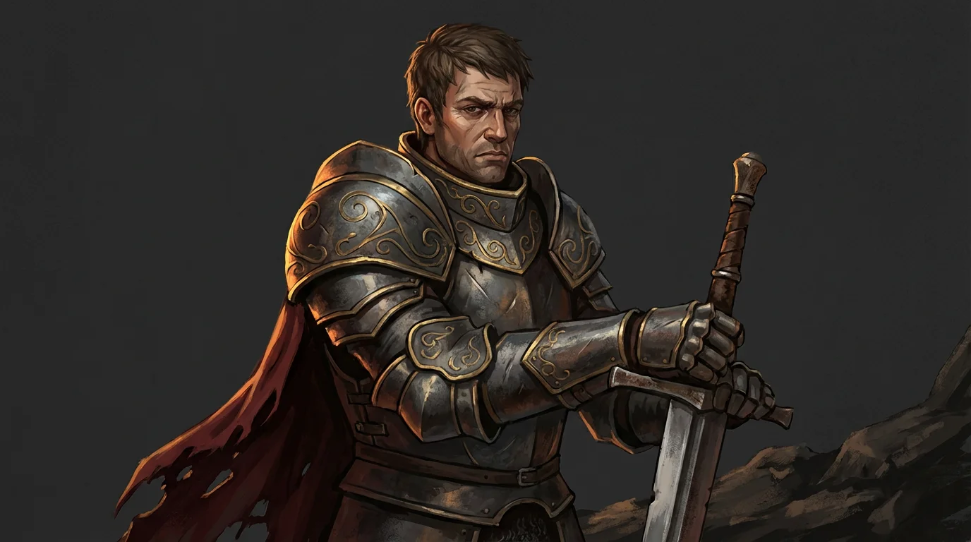 Concept art of a fantasy knight in ornate steel armor with a red cape, holding a large sword against a dark gray background.