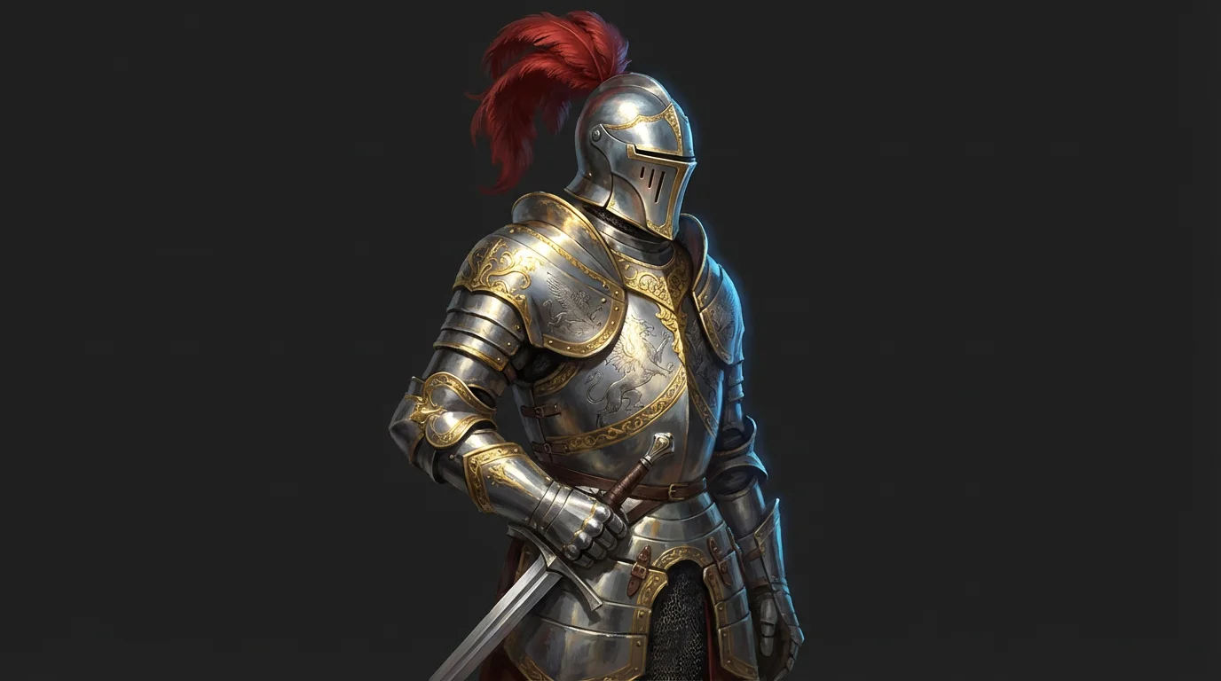 A digital painting of a knight in detailed steel and gold armor from the waist up, set against a dark gray background. The knight wears a helmet with a red plume and rests a hand on their sword.
