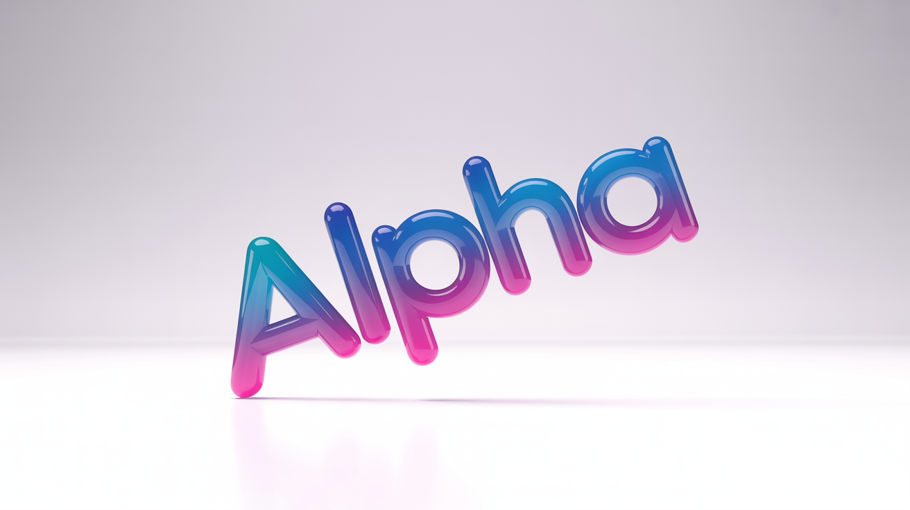 3D rendering of the word 'ALPHA' in a blue and magenta gradient, casting a shadow on a white background, representing a PNG text effect.