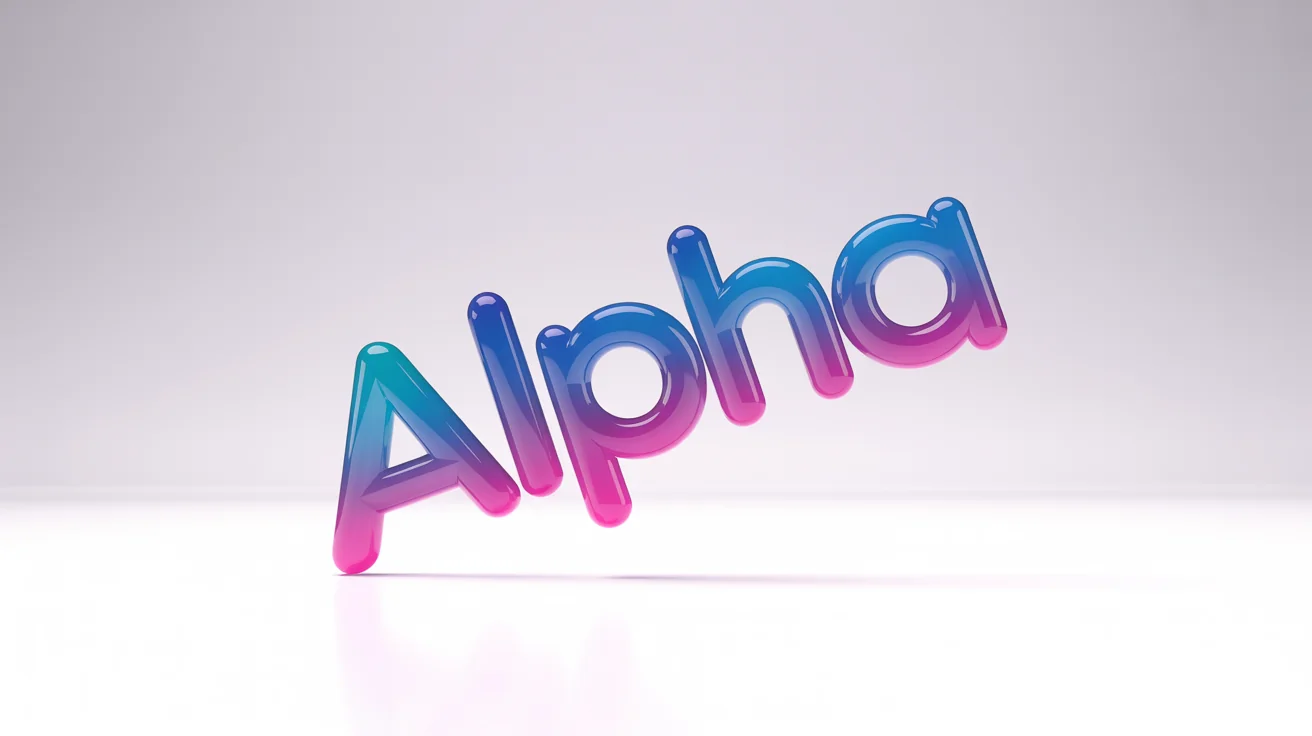 3D rendering of the word 'ALPHA' in a blue and magenta gradient, casting a shadow on a white background, representing a PNG text effect.