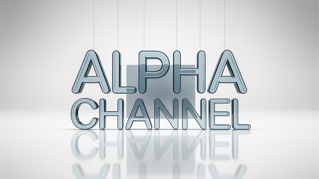 A 3D rendering of the words 'ALPHA CHANNEL' in glass, floating over a white surface with a grey shape visible behind it, demonstrating a transparent text background.
