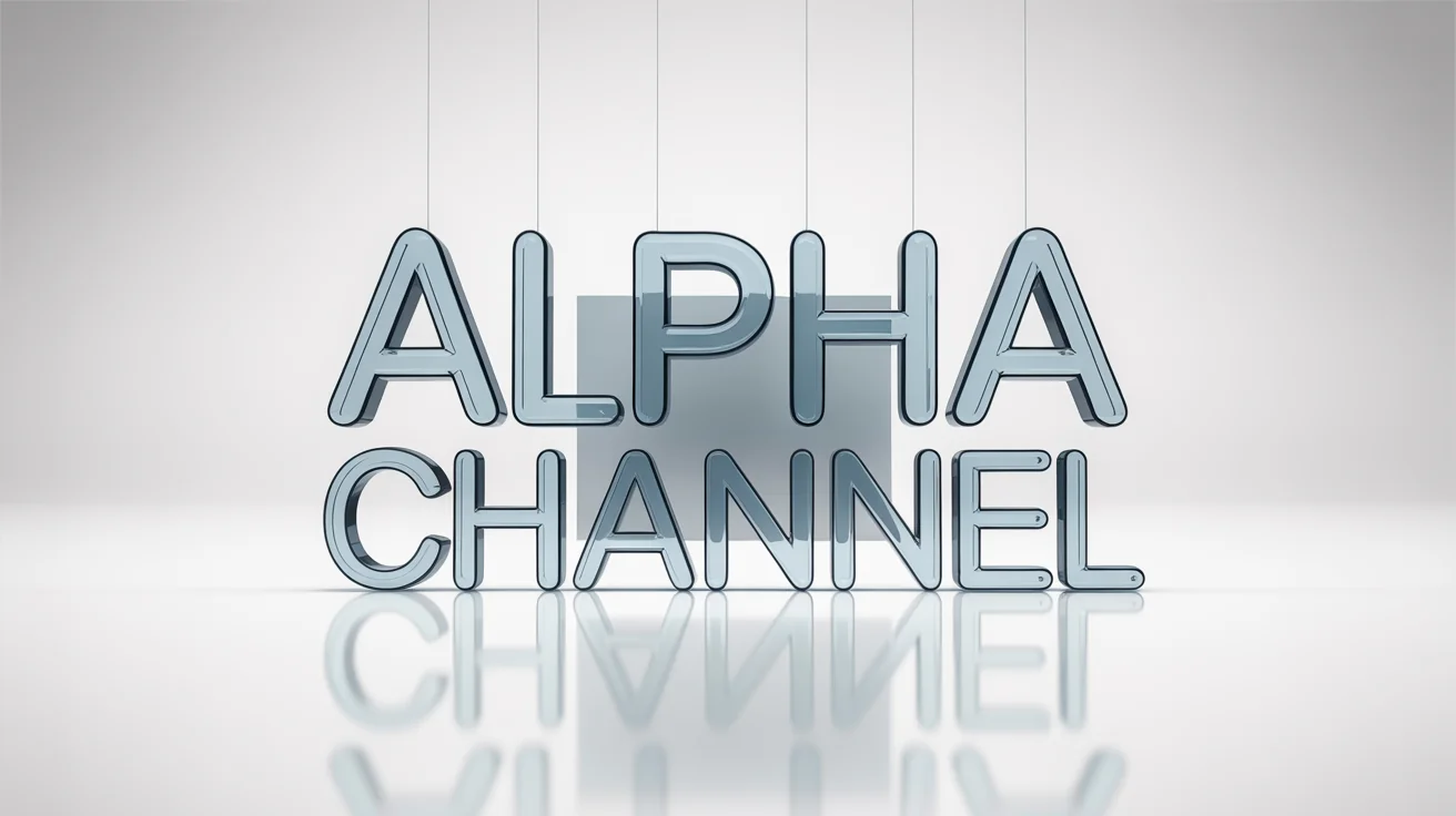 A 3D rendering of the words 'ALPHA CHANNEL' in glass, floating over a white surface with a grey shape visible behind it, demonstrating a transparent text background.