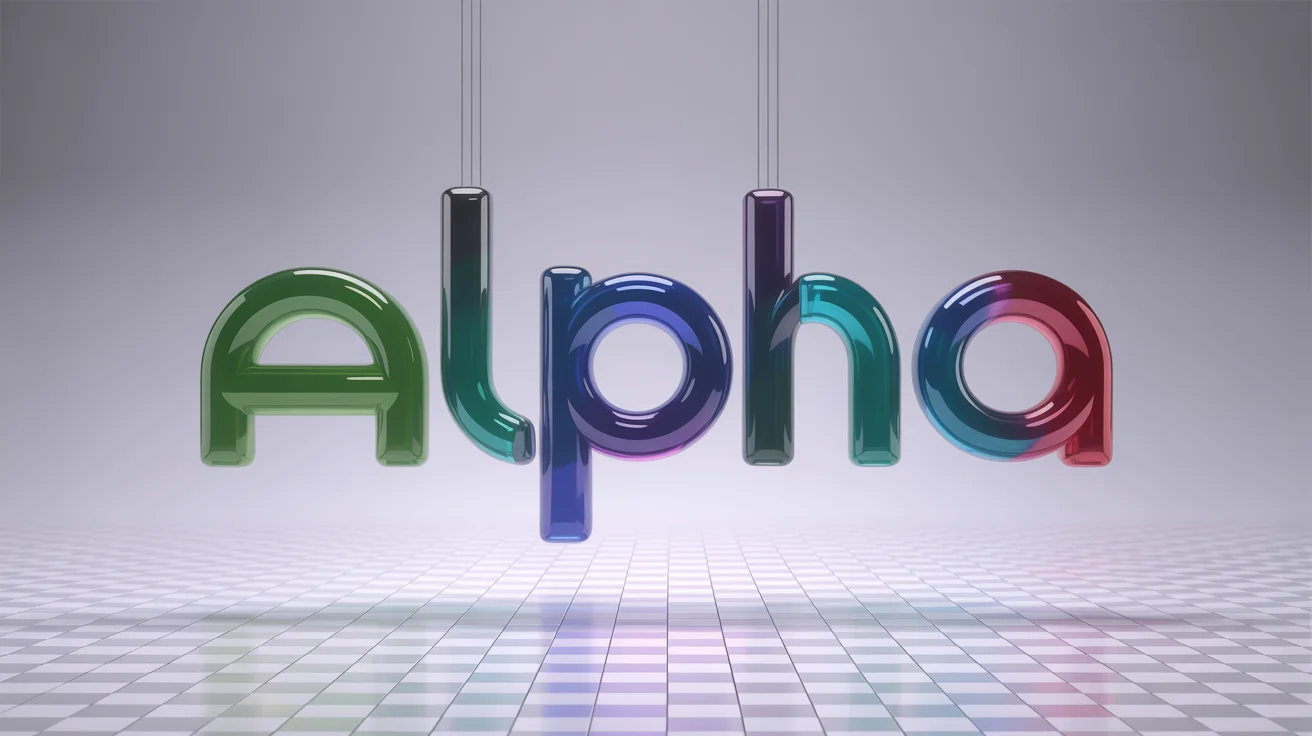 A 3D rendering of the word 'ALPHA' in bold, colorful, glossy letters, floating against a white background, symbolizing the creation of text with a transparent background (PNG text).