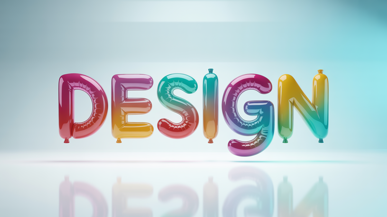 A 3D rendering of the word DESIGN in a glossy, iridescent, inflated balloon style, floating against a clean white background.