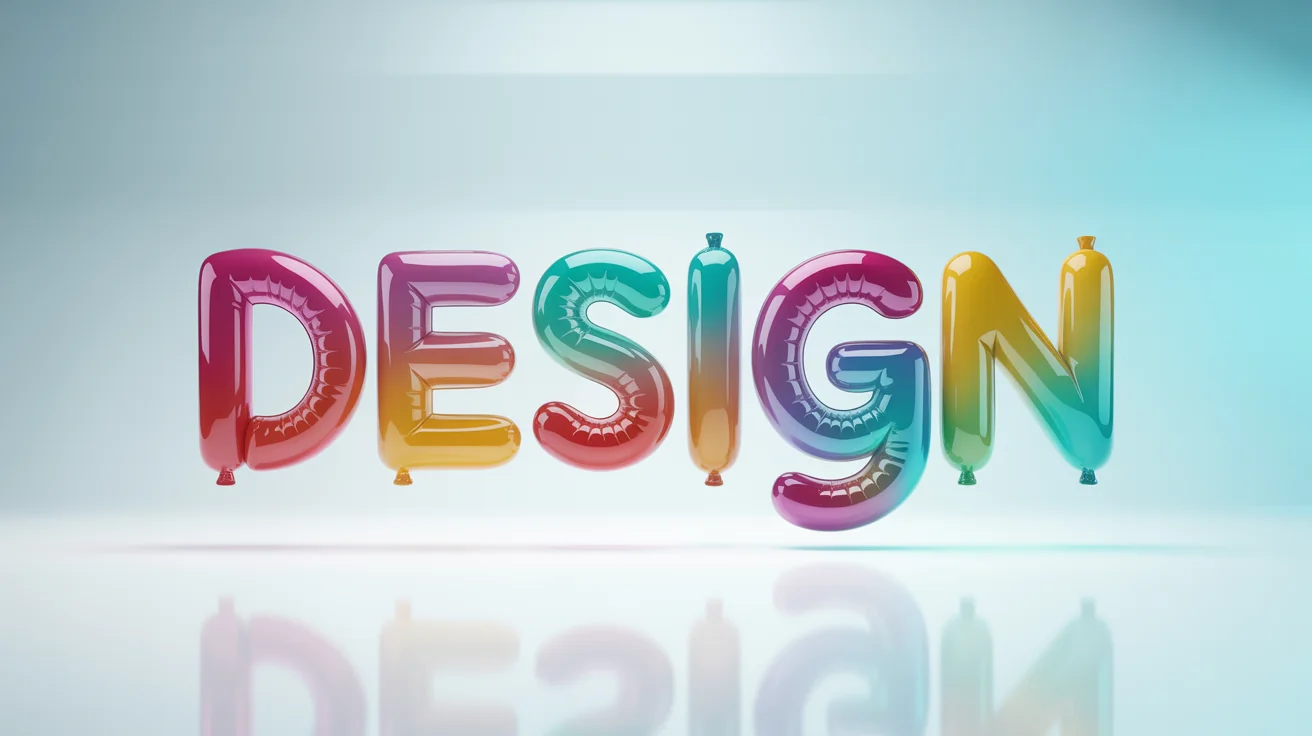 A 3D rendering of the word DESIGN in a glossy, iridescent, inflated balloon style, floating against a clean white background.