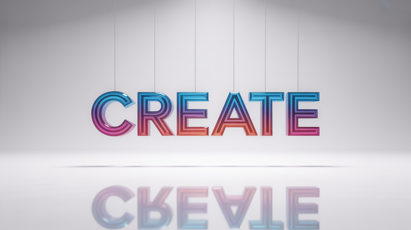 A 3D rendering of the word CREATE in a glossy blue and purple gradient, appearing to float against a white background, demonstrating a PNG text effect.