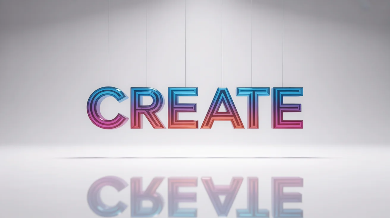 A 3D rendering of the word CREATE in a glossy blue and purple gradient, appearing to float against a white background, demonstrating a PNG text effect.