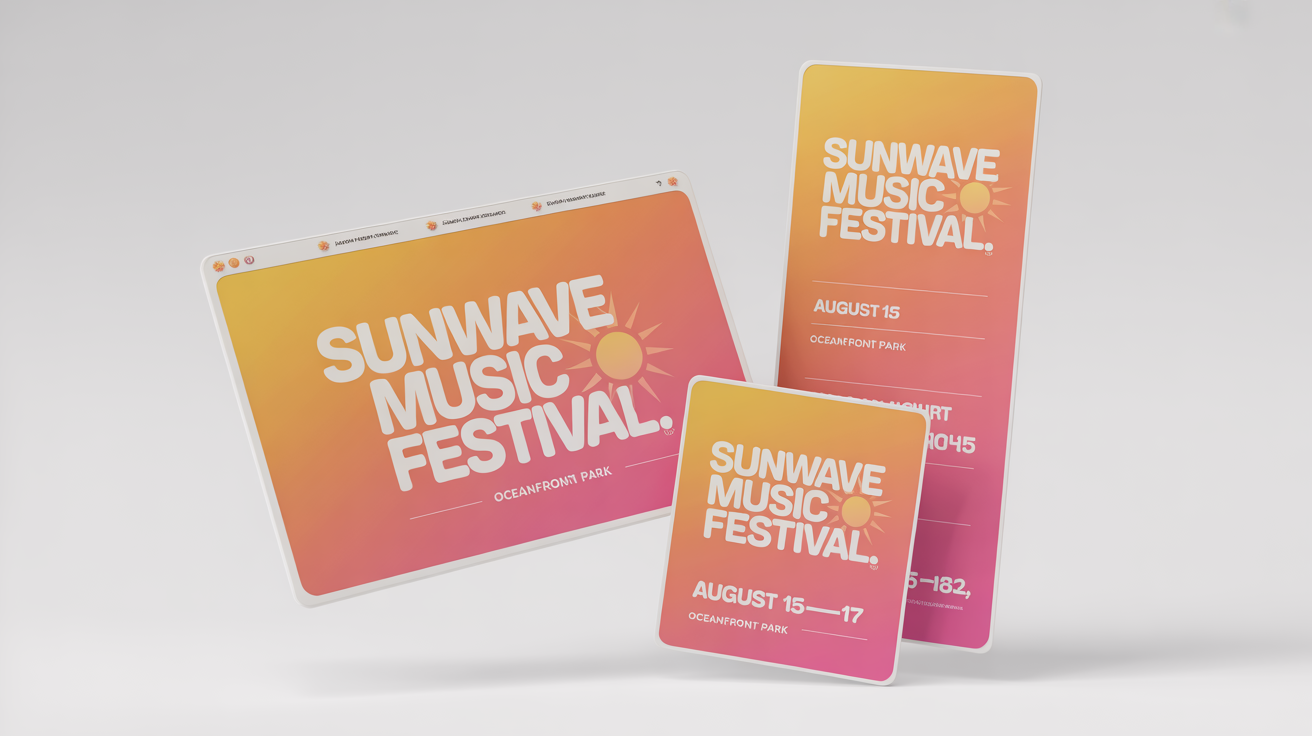 A mockup showing three banners for the 'Sunwave Music Festival' in different sizes, leaderboard, square, and skyscraper, all arranged on a clean white background to illustrate banner resizing.