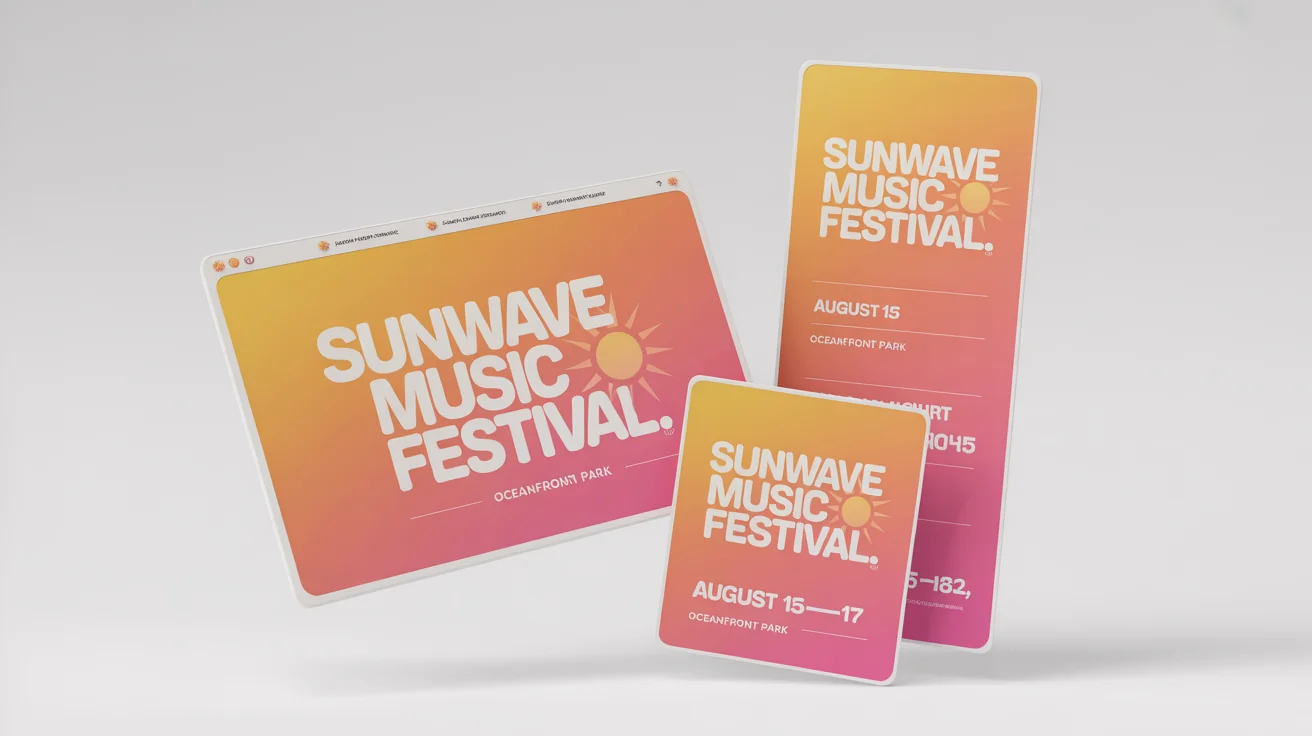A mockup showing three banners for the 'Sunwave Music Festival' in different sizes, leaderboard, square, and skyscraper, all arranged on a clean white background to illustrate banner resizing.
