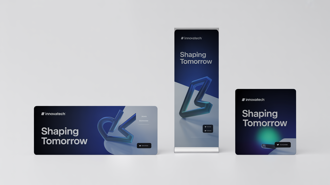 A set of three digital banners for a tech company, shown in horizontal, vertical, and square formats to illustrate the concept of a banner resizer. All banners share the same modern design on a clean white background.