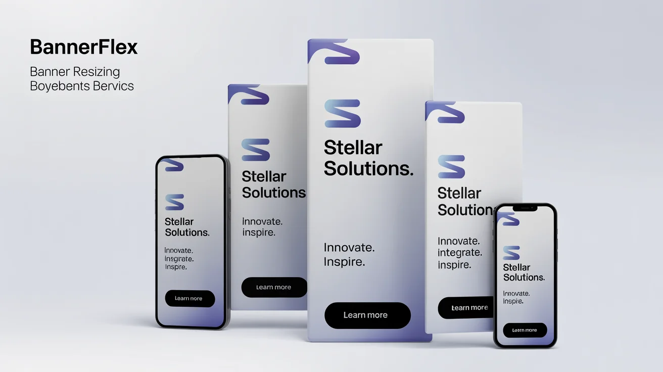 A collection of professionally designed digital banners for 'Stellar Solutions' in various sizes, showcasing a banner resizing service against a white background.