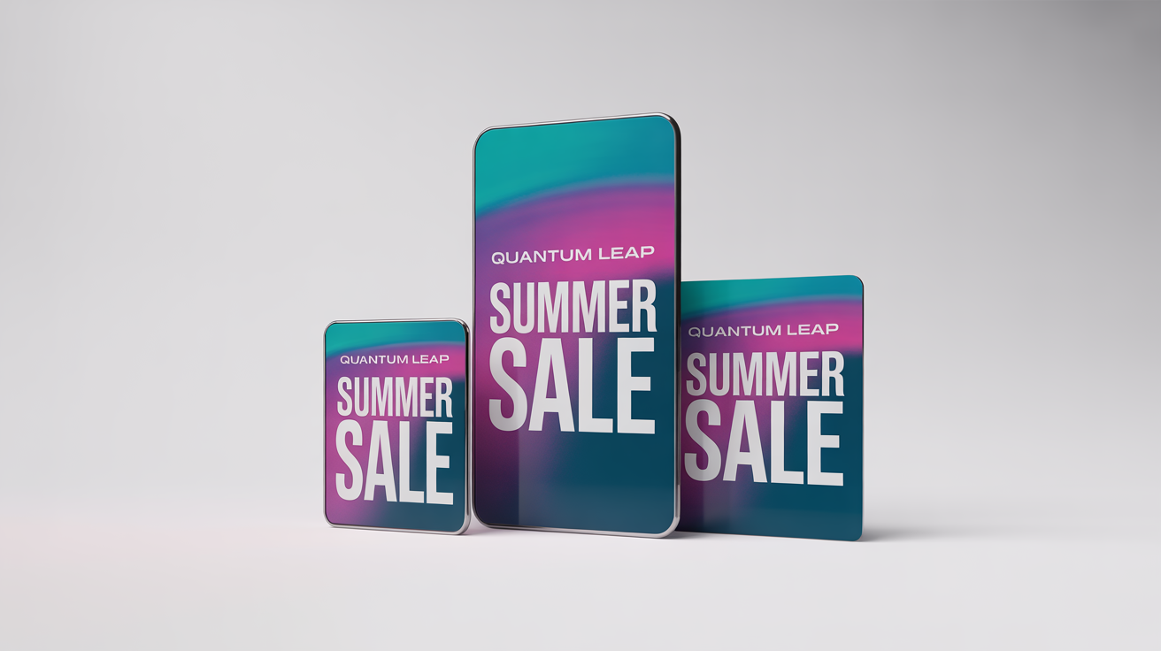 A mockup demonstrating a banner resizer, showing three banners of the same 'Quantum Leap Summer Sale' design in horizontal, vertical, and square formats against a white background.
