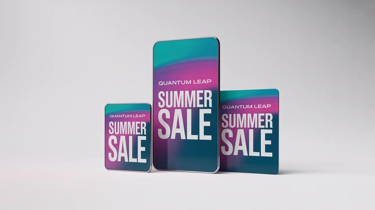 A mockup demonstrating a banner resizer, showing three banners of the same 'Quantum Leap Summer Sale' design in horizontal, vertical, and square formats against a white background.