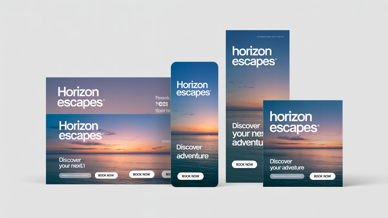A set of three digital banners in different sizes, horizontal, vertical, and square, all showing the same travel ad design, demonstrating the concept of resizing a single banner for multiple formats.