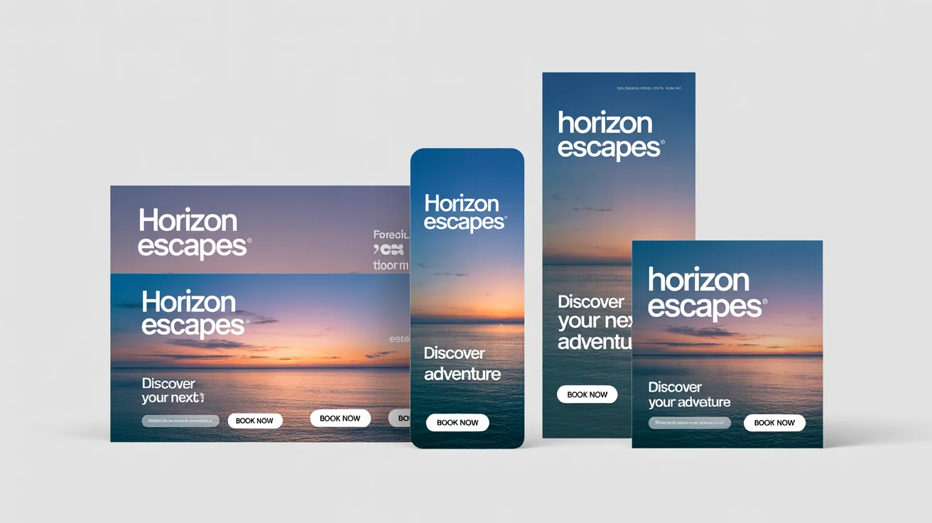 A set of three digital banners in different sizes, horizontal, vertical, and square, all showing the same travel ad design, demonstrating the concept of resizing a single banner for multiple formats.