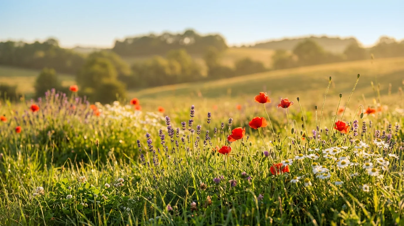 A breathtaking, wide-angle photograph of a wildflower meadow at sunset, used as a beautiful background. The field is bursting with colorful flowers like red poppies and purple lavender, all illuminated by warm, golden light.