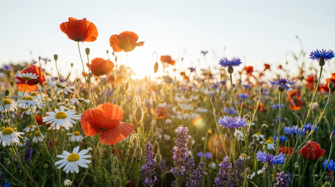 A close-up, low-angle photograph of a vibrant wildflower meadow at sunset, with colorful poppies and daisies in the foreground and a softly blurred, bright background.