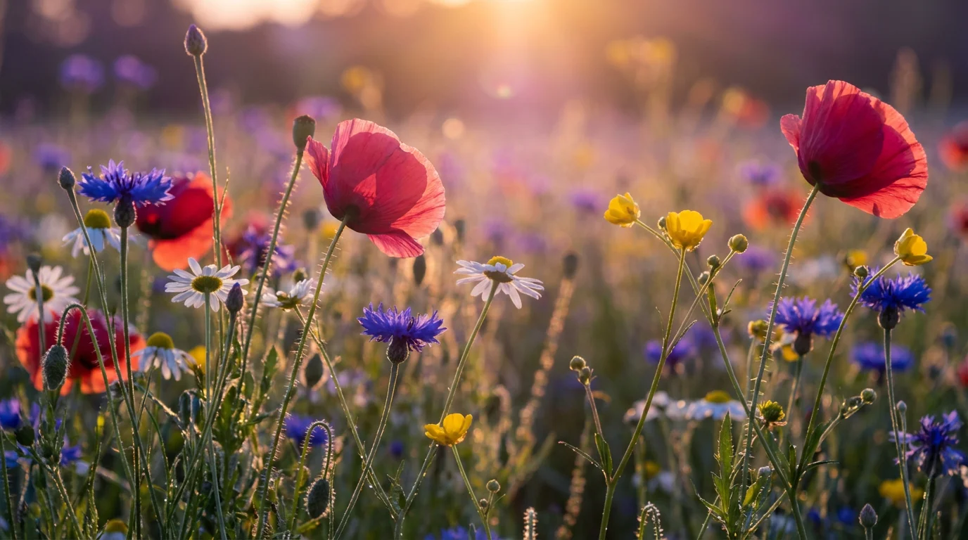 A serene and colorful wildflower garden at sunset, with a mix of poppies, daisies, and cornflowers glowing in the warm light.