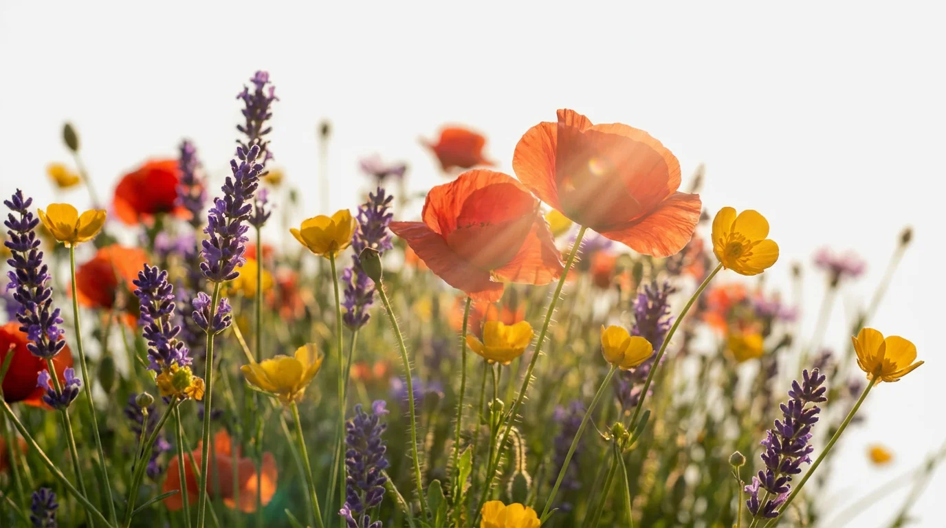 A photorealistic image of a vibrant wildflower garden at golden hour, with a shallow depth of field focusing on red poppies and purple lavender in the foreground.